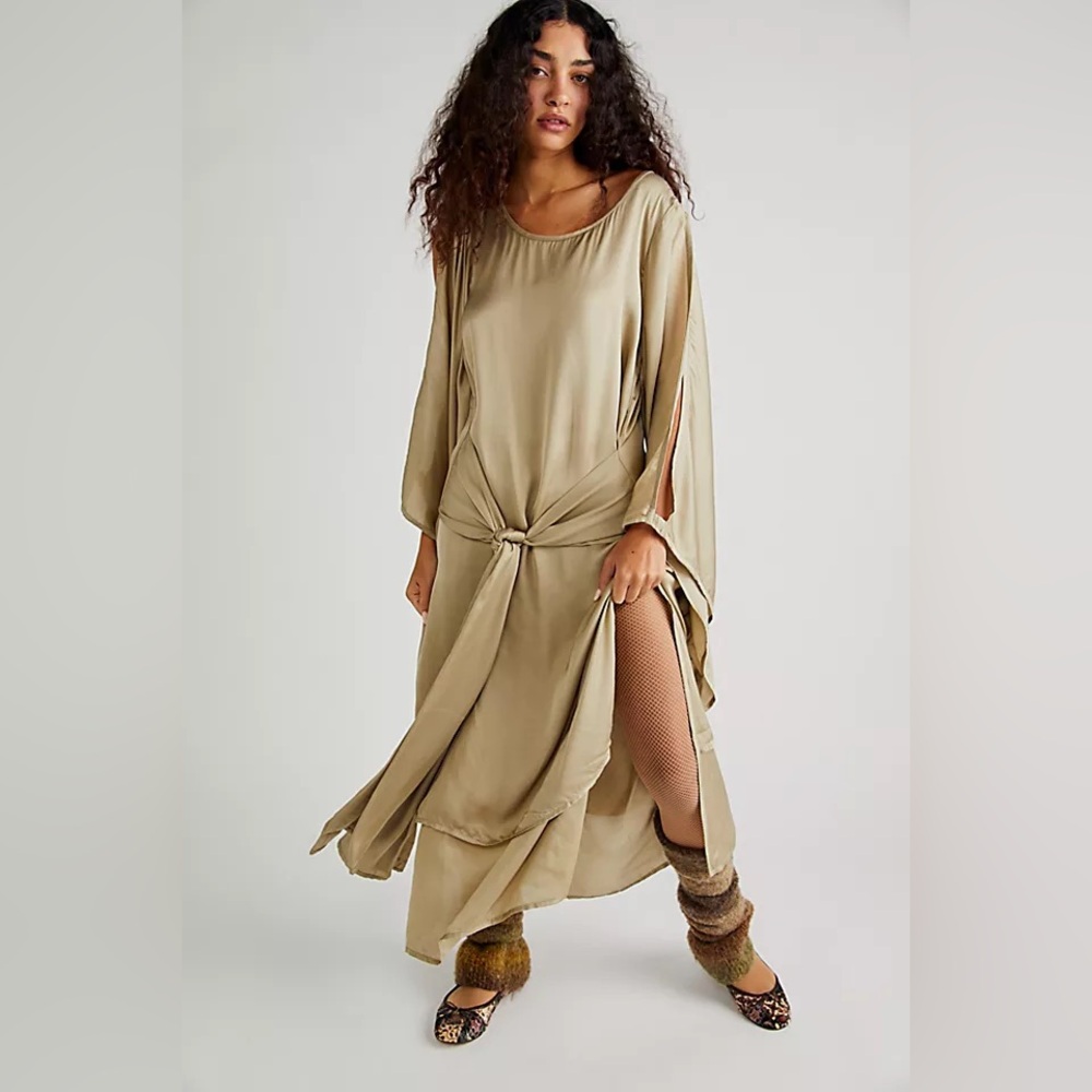 Free People x Nicholas K Jia Dress Taupe/Sage Draped Sleeve Tie Waist Maxi small